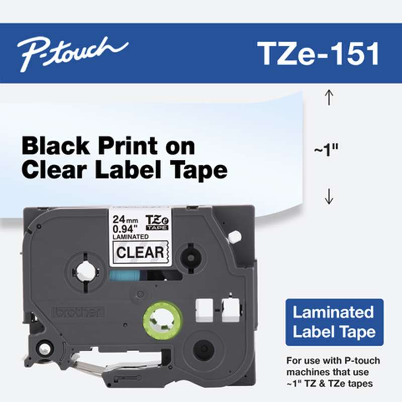 1in x 26.2ft (24mm x 8m) Black on Clear Standard Adhesive Laminated Tape