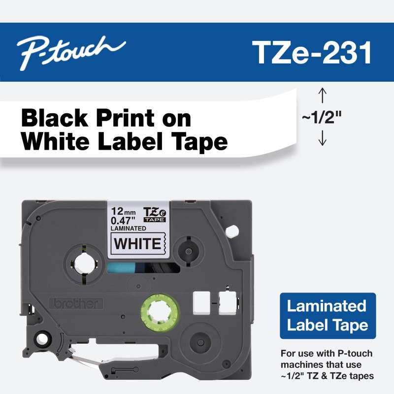 1/2in x 26.2ft (12mm x 8m) Black on White Standard Adhesive Laminated Tape