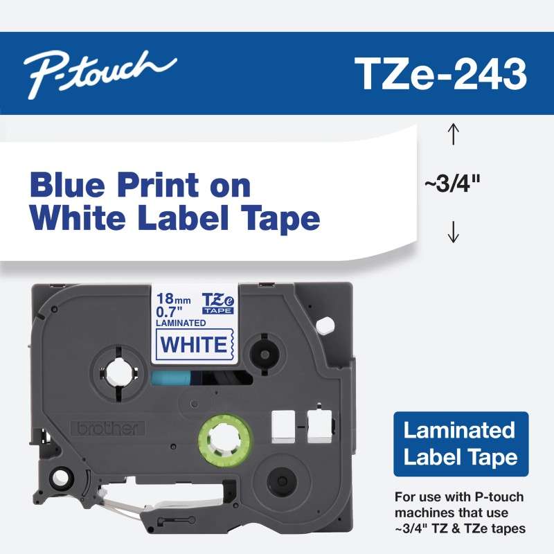 3/4in x 26.2ft (18mm x 8m) Blue on White Standard Adhesive Laminated Tape