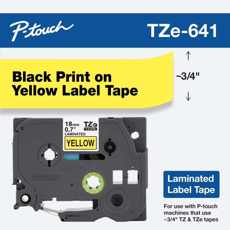 3/4in x 26.2ft (18mm x 8m) Black on Yellow Standard Adhesive Laminated Tape