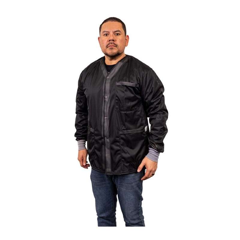 ESD Smock, Dual-Wire, Jacket, Black, Xsmall Knitted Cuffs, 3 Pockets, No Collar