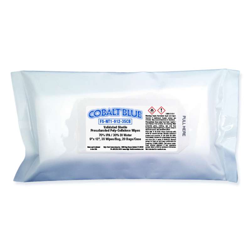Cobalt Blue 70% IPA Sterile Wipes, Poly-cellulose, 9″ x 12″, 35 Wipes per Bag, 20 Bags per Case