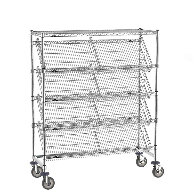 Mobile Chrome Wire Shelving Unit with 4-Slanted Shelves and 1-Flat Top Shelf, 18 x 48 x 60"