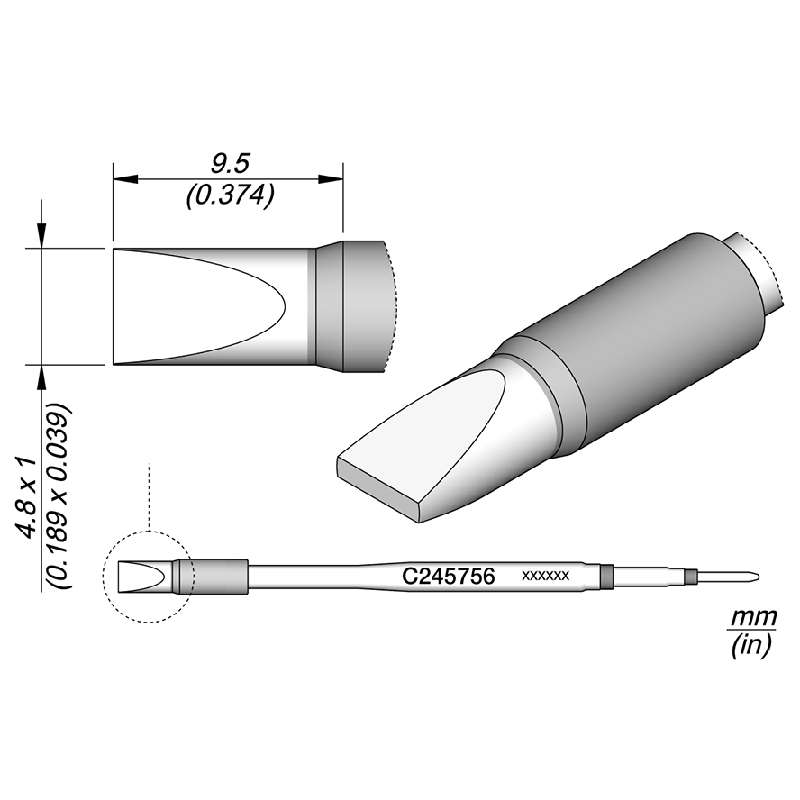 Series C245 High Thermal Chisel Soldering Cartridge, 4.8mm x 1mm