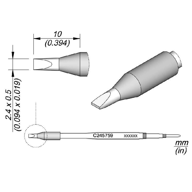 C245 Series Chisel Soldering Tip Cartridge 2.4mm X 0.5mm HT