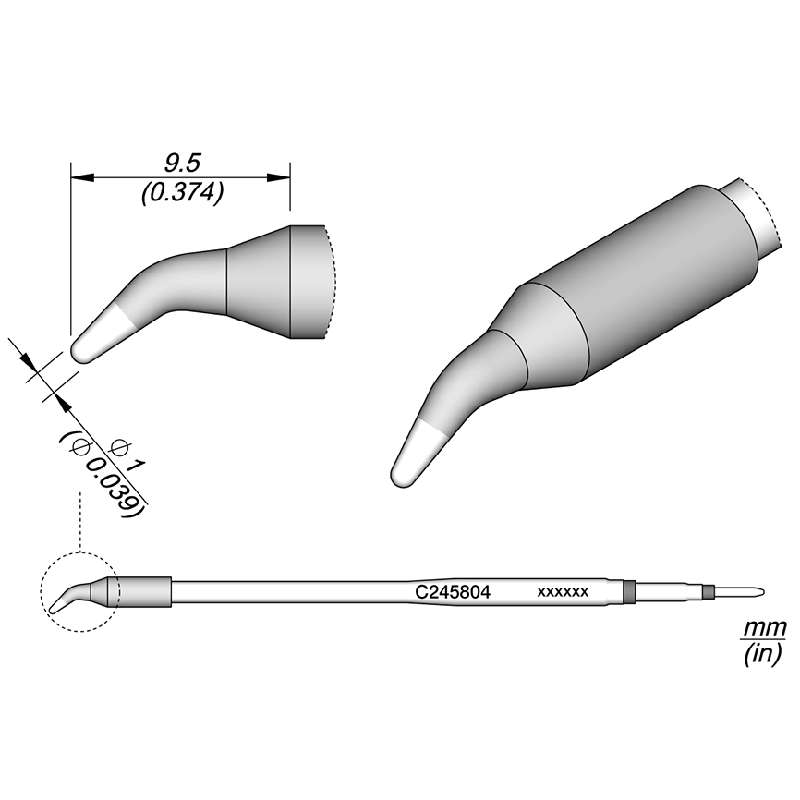 Series C245 Conical Bent Soldering Cartridge, Ø 1mm, L
