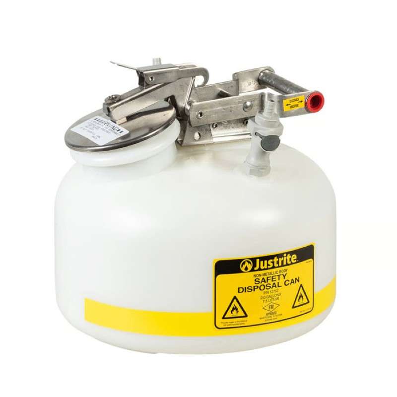 Quick-Disconnect Disposal Safety Can, Polypropylene Fittings for 3/8" Tubing, 2 Gallon, Poly, White