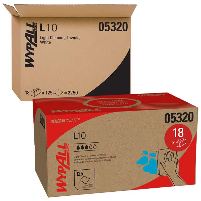 WypAll L10 Utility Wipes, 1-Ply, 9 x 10-1/4", White, 125 per Box