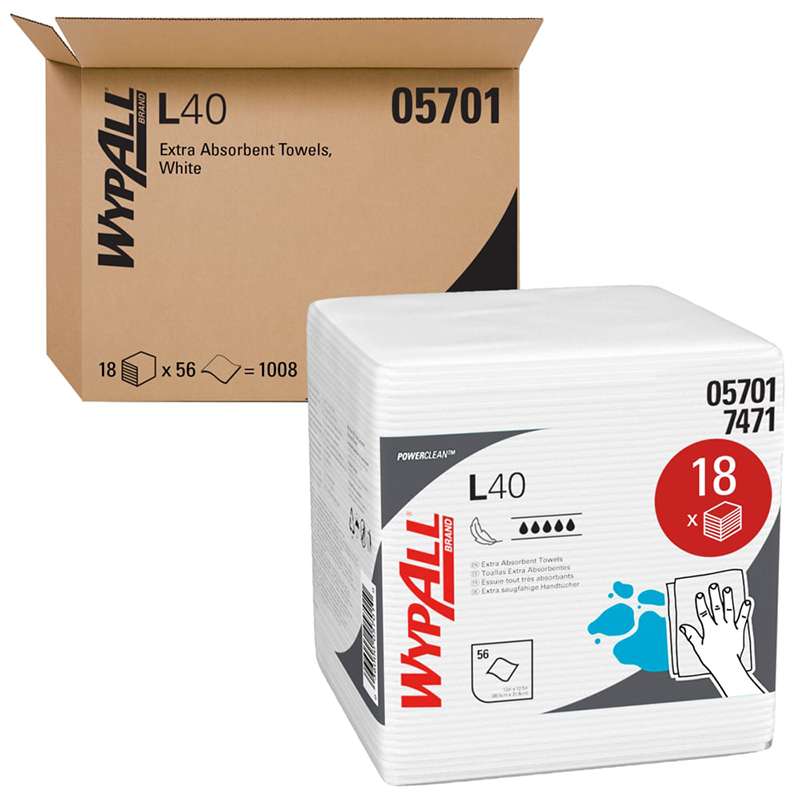 WypAll L40 All-Purpose Quarter Fold Wipes, 12-1/2 x 13", White, 56 per Package