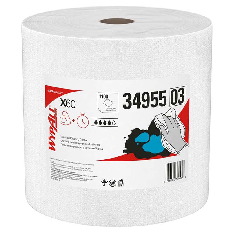 WypAll® X60 Reusable Cloths, 12.4 x 12.2", White, Jumbo Roll, 1100 Sheets / Roll, 1