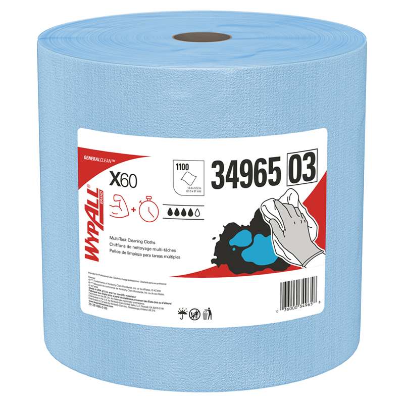 WypAll® X60 Reusable Cloths, 12.4 x 12.2", Blue, Jumbo Roll, 1100 Sheets / Roll