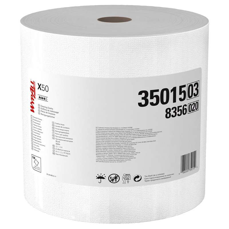 WypAll® X50 Disposable Cloths, 9.8in x 12.2in, Jumbo Roll, White, 1,100 Sheets/Roll