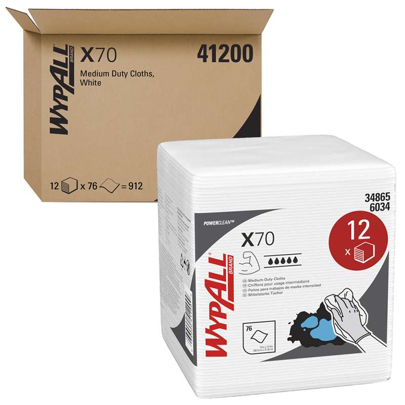 WypAll X70 Extended Use Reusable Wipers, Quarterfold, , White, 12 Packs, 76 Sheets per Pack