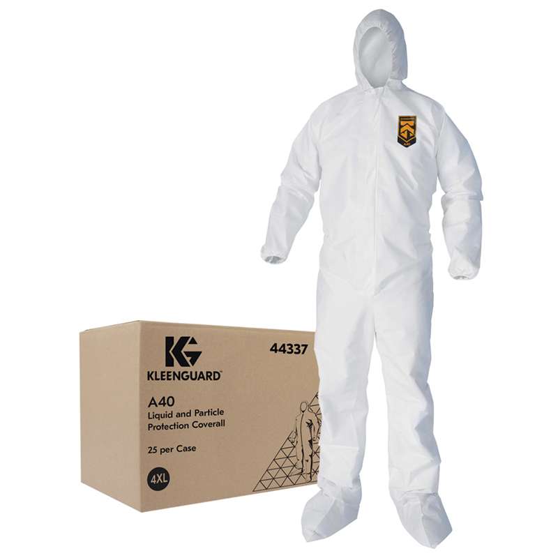KleenGuard A40 Liquid & Particle Protection Coveralls, Hooded & Booted, Zip Front, Elastic Wrists & Ankles, White, 4XL, 25 per Case
