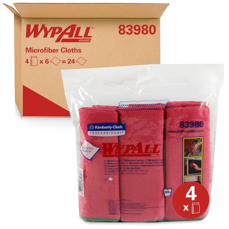 Microfiber Cloths, WypAll, Red, 15.75" x 15.75", 6/Pack, 4 Pack/Case