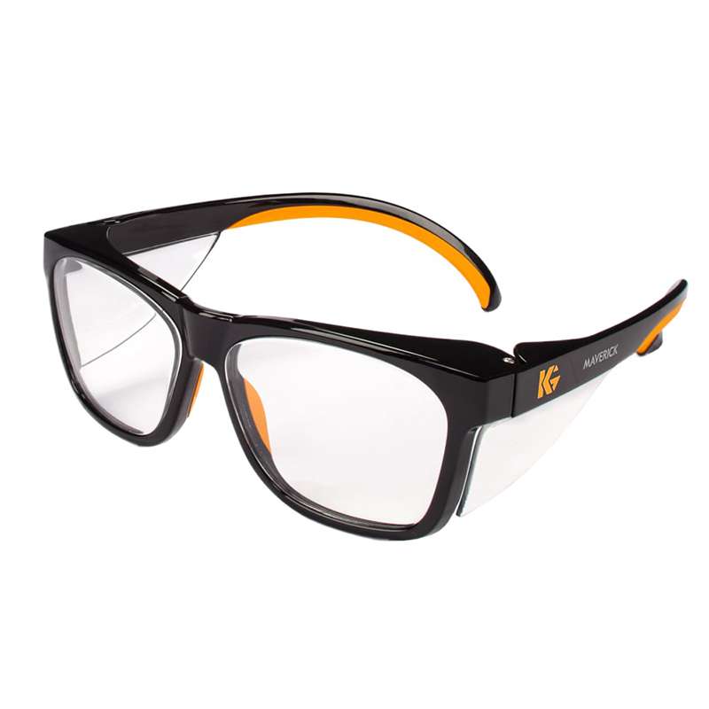KleenGuard Maverick Safety Glasses with Clear Anti-glare Lenses and Black Frame with Orange Tips, 144/Case
