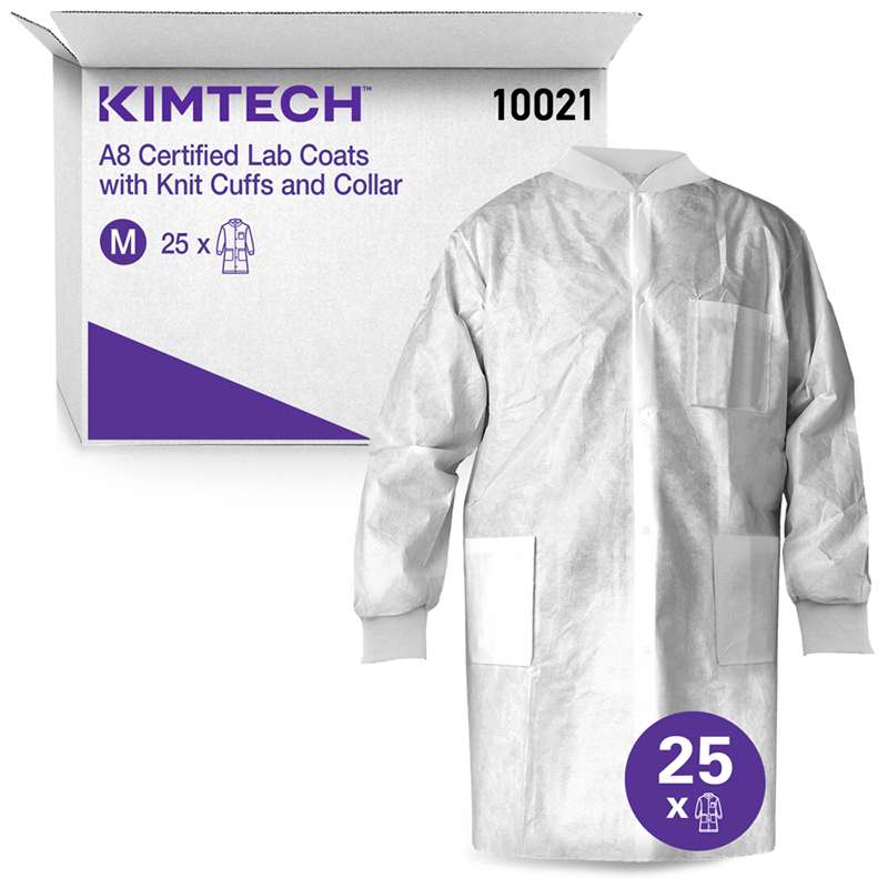 A8 Certified Lab Coats with Knit Collar and Cuffs, White, Medium, 25 per Case