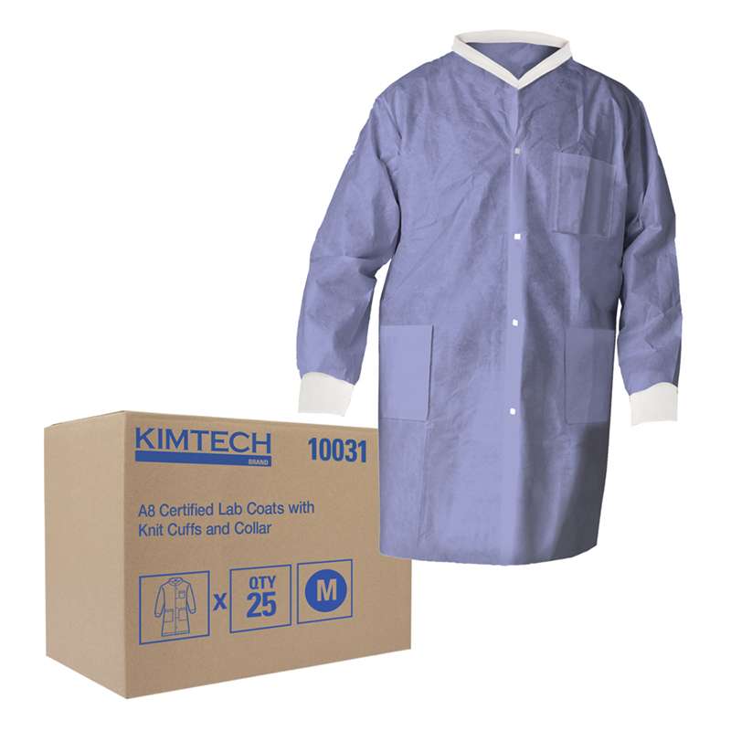 A8 Certified Lab Coats with Knit Collar and Cuffs, Blue, Medium, 25 per Case
