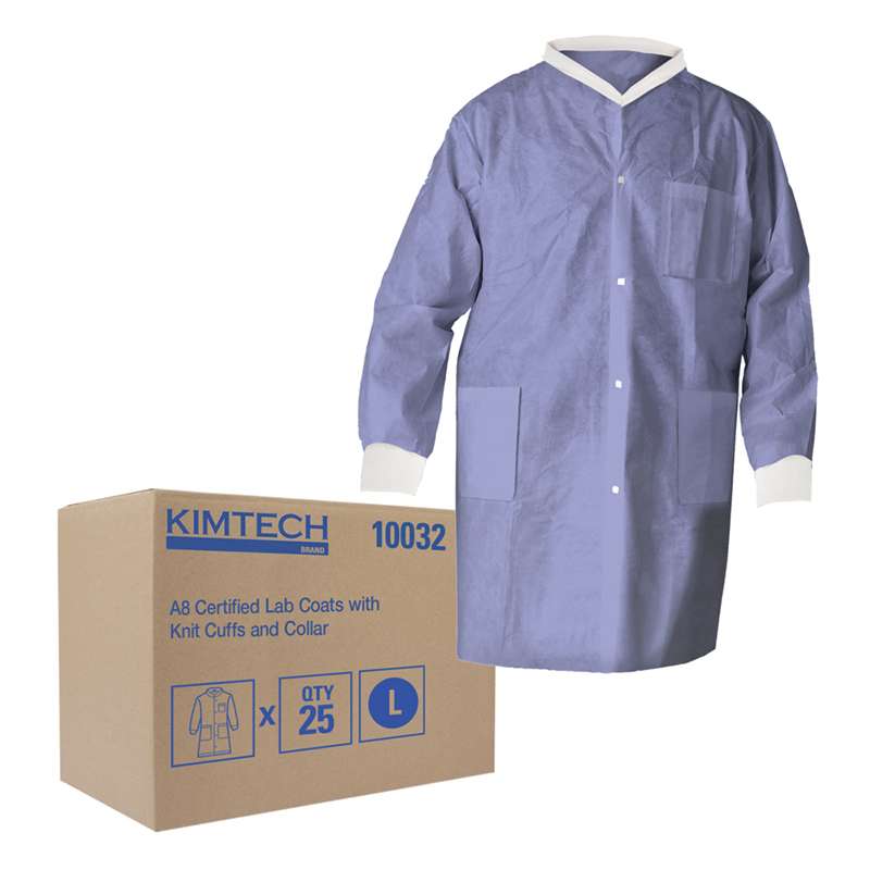 A8 Certified Lab Coats with Knit Collar and Cuffs, Blue, Large, 25 per Case