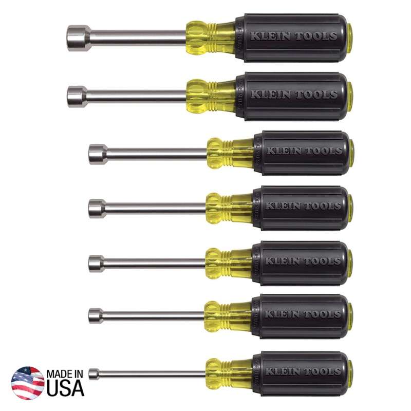 Magnetic Tip Nut Driver Set with 3" Hollow Shanks and Cushion Grips, 7 Pieces