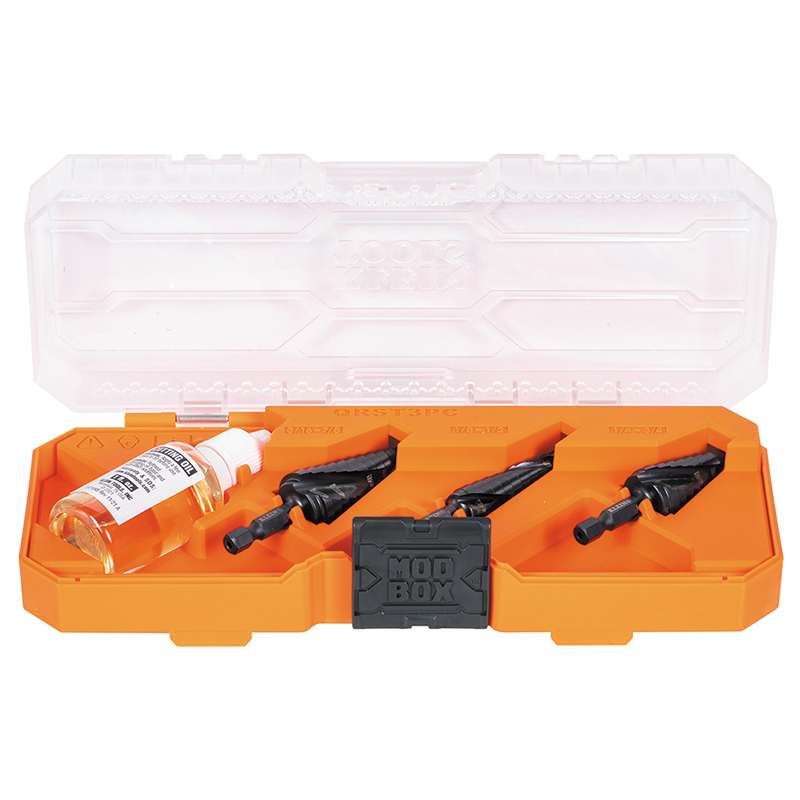 Premium All Pupose Quick Release Spiral Flute Step Bit Kit, Includes 3 Bits, Cutting Oil, and Carry Case