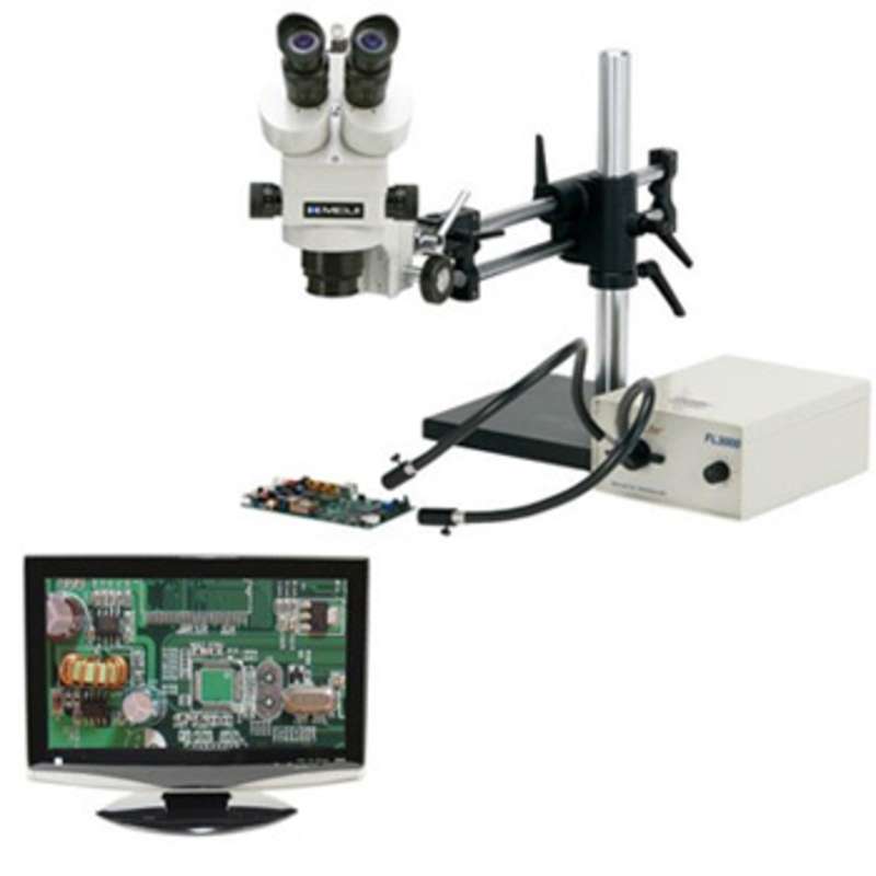ESD-Safe Stereo-Zoom Trinocular Microscope with Dual Arm Base, Dimmable LED Ring Light, and 19" HD LCD Monitor