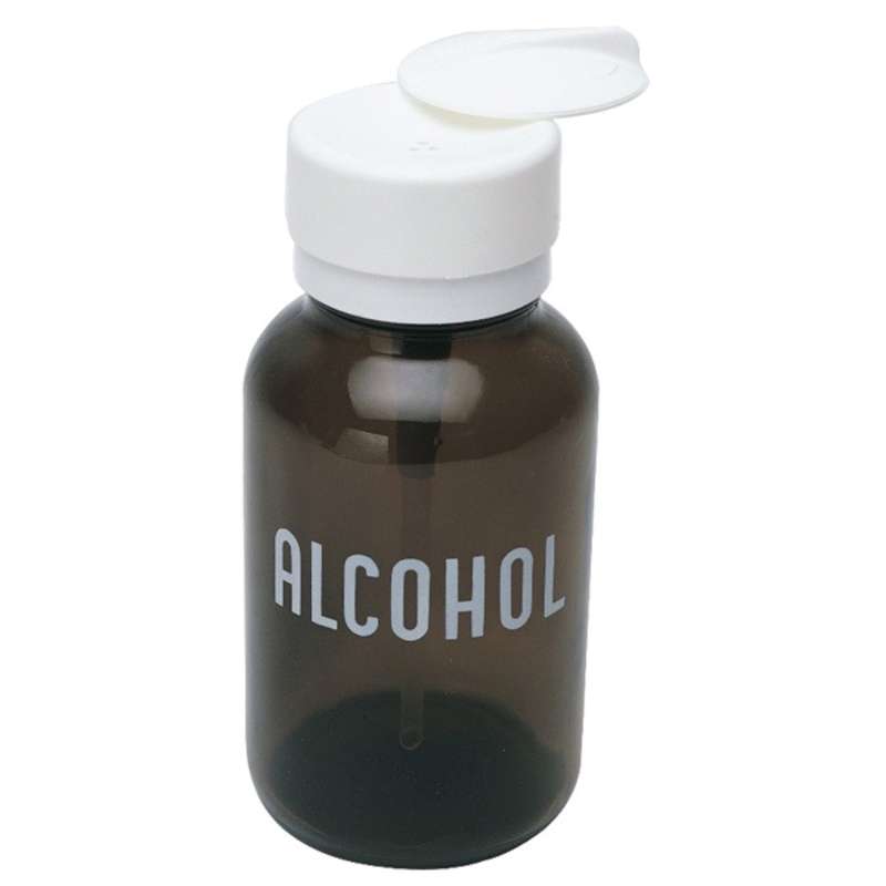 Amber Glass Dispenser Bottle with Lasting-Touch Pump, Printed "Alcohol", 8oz