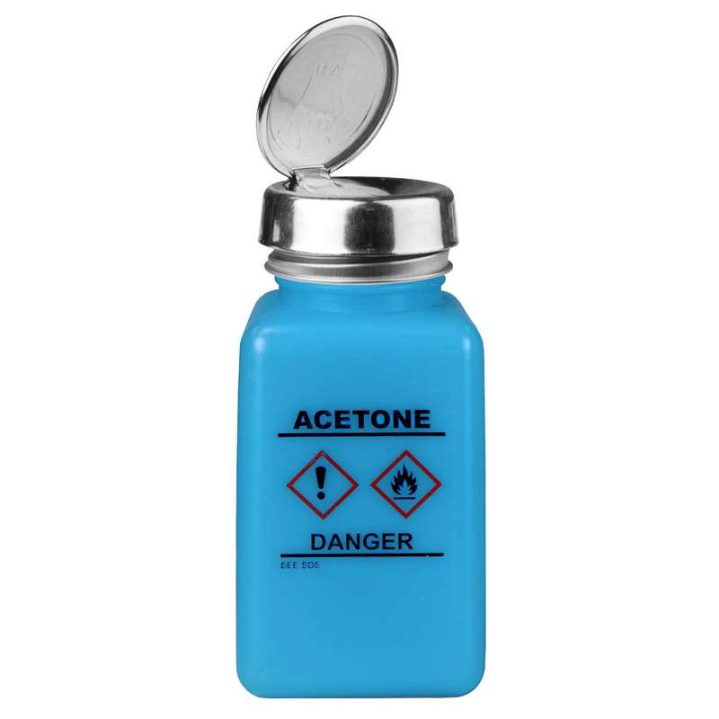 durAstatic™ ESD-Safe Acetone Solvent Dispenser Bottle with HCS Label and One-Touch Pump Lid, Blue, 6 oz.