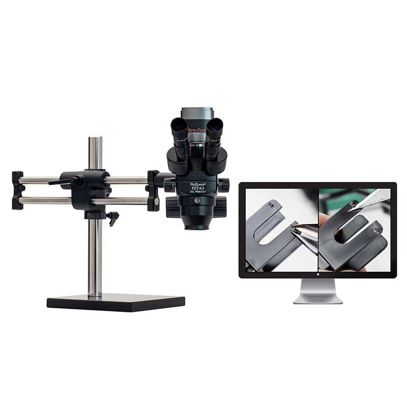 ESD-Safe Pro-Zoom™ 6.5 Analog Trinocular Microscope with Dual Arm Base and Dimmable LED Ring Light