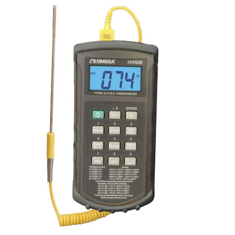 Handheld Digital Thermometer, K, J, T, E & S-type, 9 V, Miniature Connector, 1-CH, +/- (0.1 % rdg + 1 C), -210 C, 1767 C