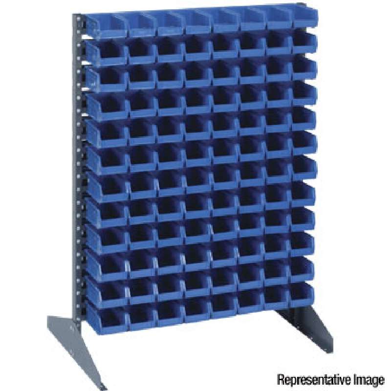 Single Sided Rail System with Bins, 36 L x 15 W x 53in H Rack with 96 QUS220 Black Bins