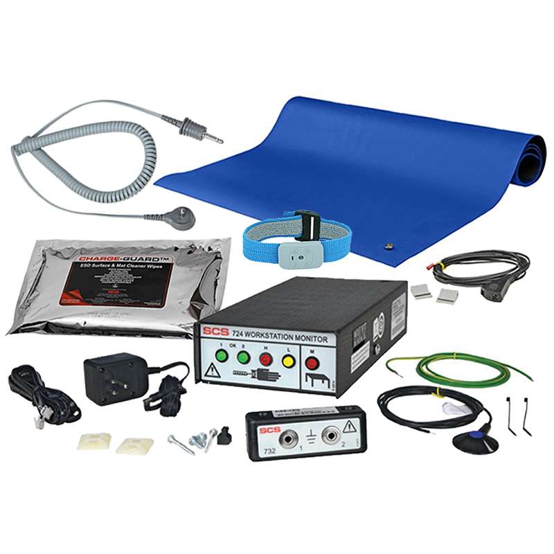 Dual-Wire Monitoring Kit, 2-Layer Rubber Table Mat, Wrist Strap and Mat Wipes, ESD-Safe