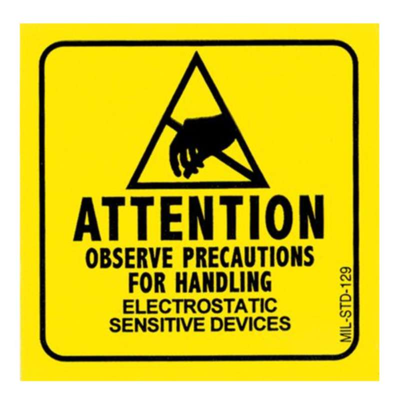 MIL-STD-129N Label with ESD Susceptibility Symbol, Black on Yellow, 2in x 2in, 500 per Roll
