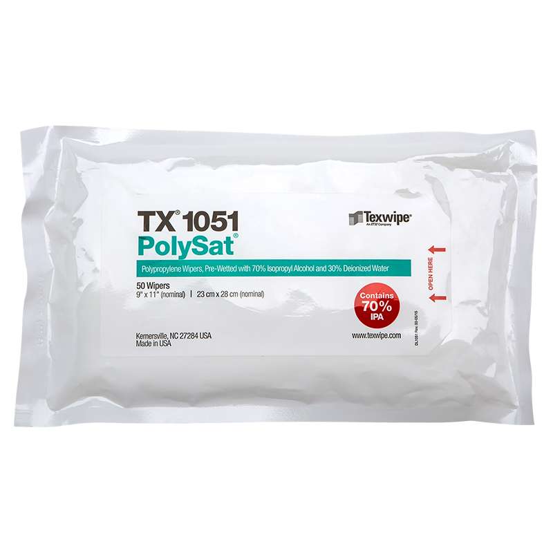 PolySat® TX1051 Pre-wetted Cleanroom Wipers, Non-Sterile, 70% IPA , 9" x 11", 50 per Flexpack, 24 Packs per Case