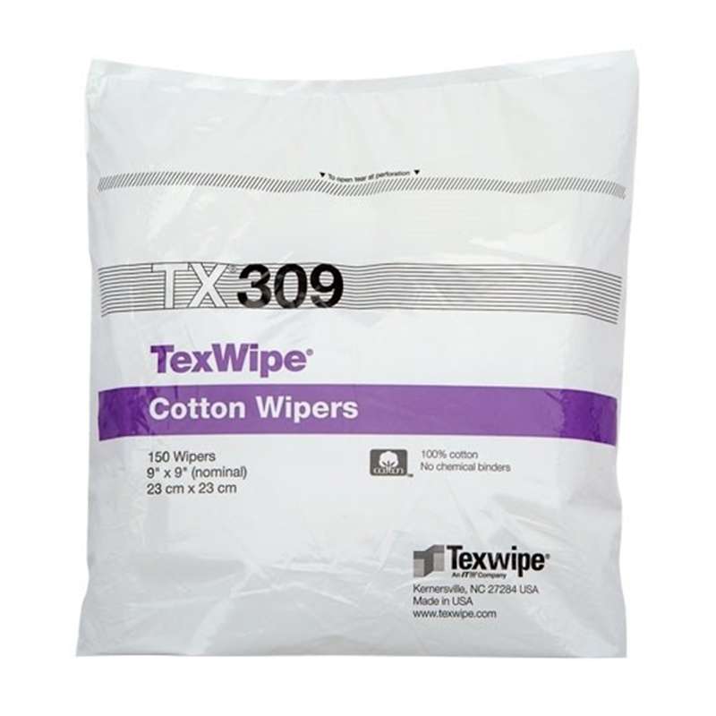 TexWipe® Dry Cotton Cleanroom Wipers, Non-Sterile, 9" x 9", 300 per Bag, 6 Bags per Case