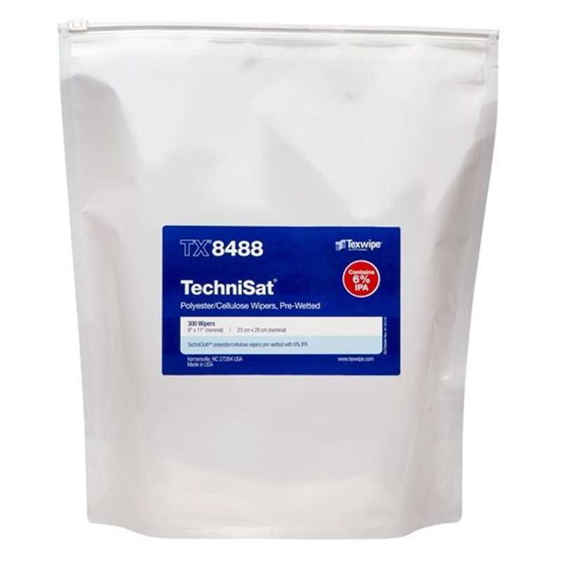 TechniSat® Pre-Wetted Nonwoven Cleanroom Wipers with 6% IPA, Non-Sterile, 9" x 11", 300 per Bag, 3 Bags per Case