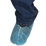 blue shoe cover over black sneaker and partial leg redirect to product page