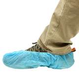 blue shoe cover over brown sneaker and partial leg redirect to product page
