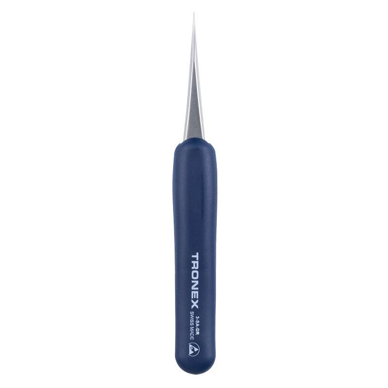 Precision Stainless Steel Tweezer, ESD Rubber Grip, Straight Fine Pointed Tip, Style 3