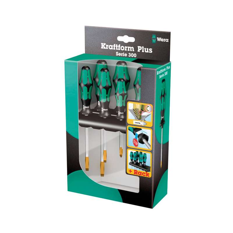 Kraftform® Plus Series 300 Slotted and Phillips Screwdriver Set with Hexagonal Blades and Rack, 6 Pieces