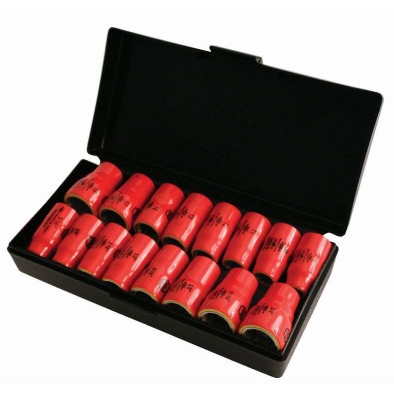 Insulated Combination Standard Inch and Metric Socket Set for 3/8" Square Drive, 16 Pieces