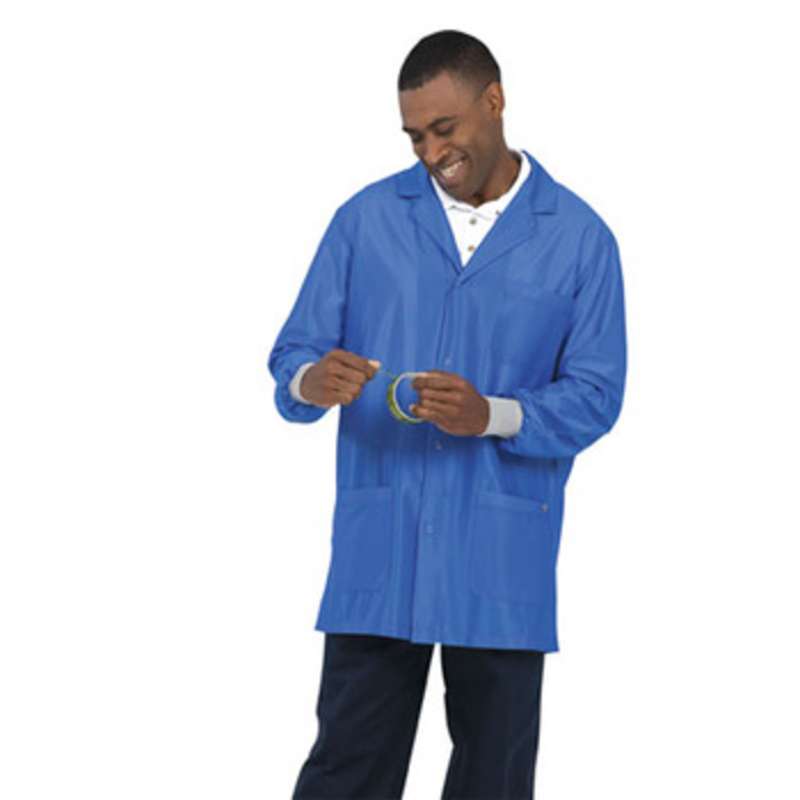 Work-Stat ESD-Safe Unisex Lightweight Jacket with Cuffs, Two Ground Snaps and Lapel Collar, 33" Royal Blue, Small