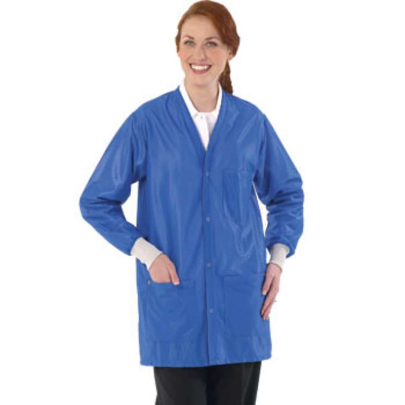 Work-Stat ESD-Safe Unisex Lightweight Jacket with Cuffs, Two Ground Snaps and V-Neck, 33" Royal Blue, Small