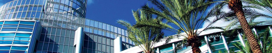 Photo of a beautiful sunny day at a convention center with palm trees out front.